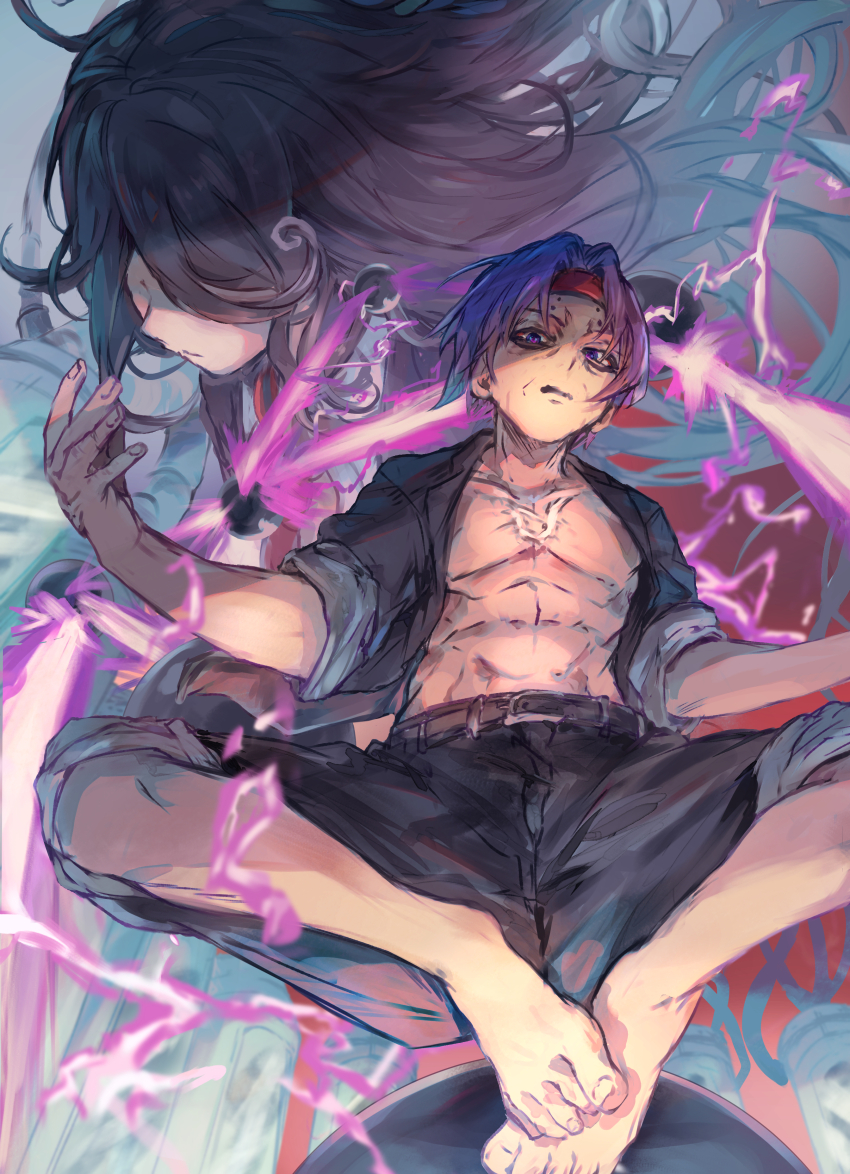1boy, 1girl, absurdres, barefoot, belt, black_hair, black_shorts, blue_eyes