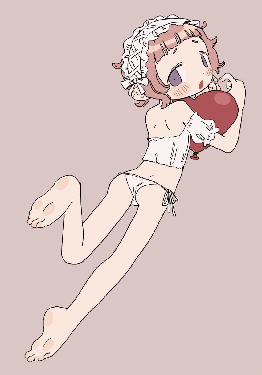 1girl, ass, blush, feet, grey_background, headdress, heart, heart_hands, highres, ikuta_semi, loli, lying, on_stomach, open_mouth, original, panties, pink_hair, purple_eyes, short_hair, side-tie_panties, simple_background, sumomo_(ikuta_semi), underwear, white_panties