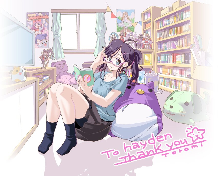 1girl, absurdly_detailed_composition, adjusting_eyewear, ahoge, artist_name, black_skirt, blue_eyes, blue_shirt