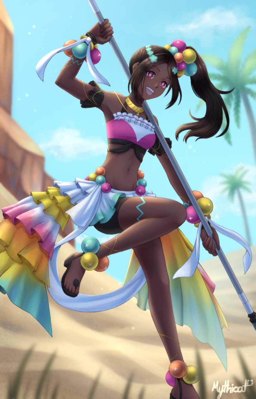 1girl, bracelet, brown_hair, crop_top, dark-skinned_female, dark_skin, desert, eyeshadow