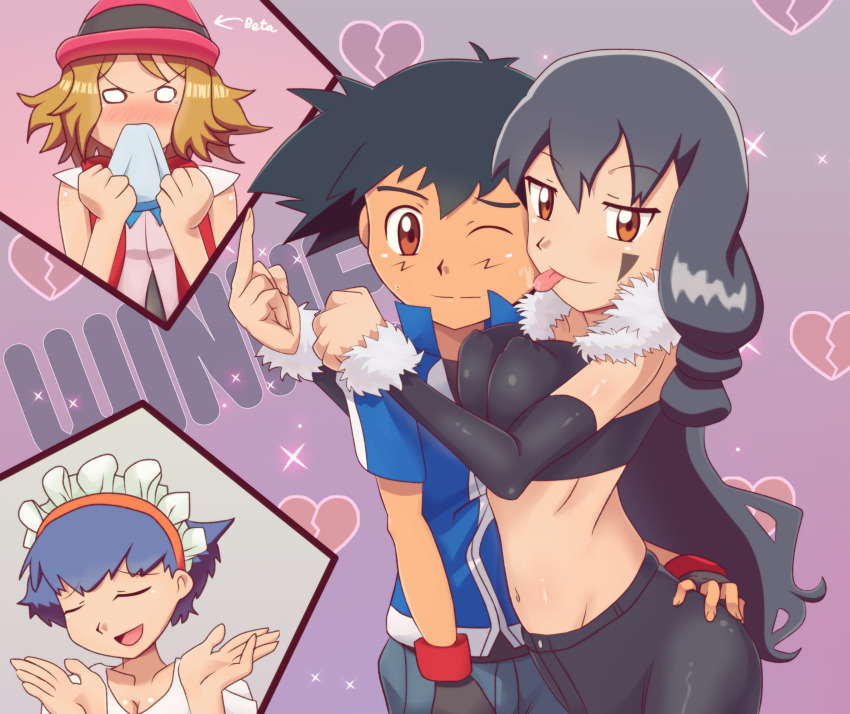 1boy, 3girls, angry, ash_ketchum, assertive_female, biting, black_hair, breasts, broken_heart, brown_eyes, cuckquean, english_text, fingerless_gloves, gazing_eye, gloves, grabbing_another's_ass, groping, half-closed_eyes, hand_on_another's_hip, handkerchief, handkerchief_biting, heart, heartbroken, highres, hug, jealous, large_breasts, licking_another's_face, middle_finger, midriff, miette_(pokemon), mightyena_girl, mouth_hold, multiple_girls, navel, nintendo, pants, pokemon, pokemon_(anime), pokemon_performer, pokemon_the_series:_xy, ringlets, serena_(pokemon), sleeves_past_wrists, smile, tight_clothes, tight_pants, tongue, tongue_out