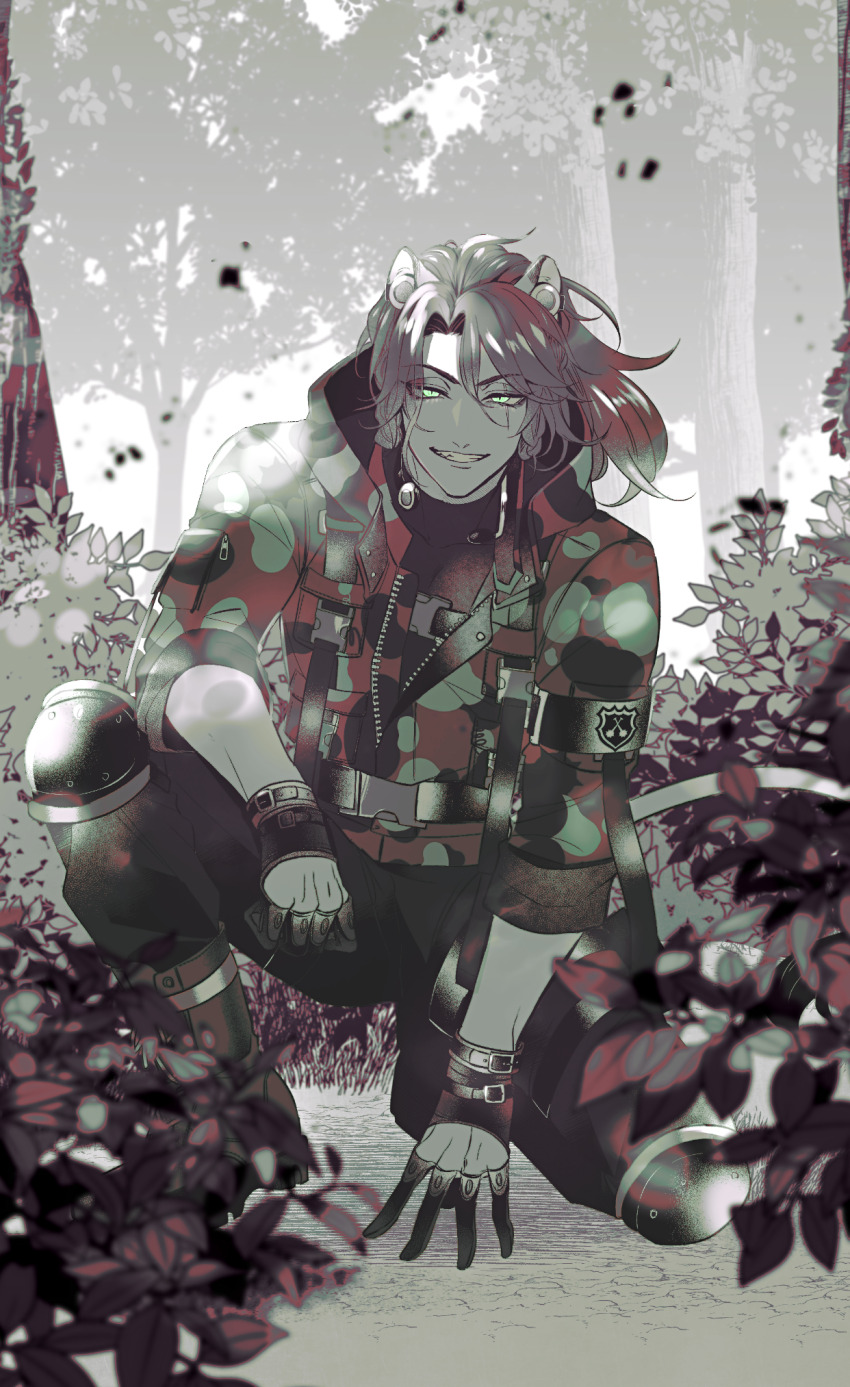 1boy, animal_ears, beanfest_(twisted_wonderland), commentary_request, forest, full_body, gloves, green_eyes