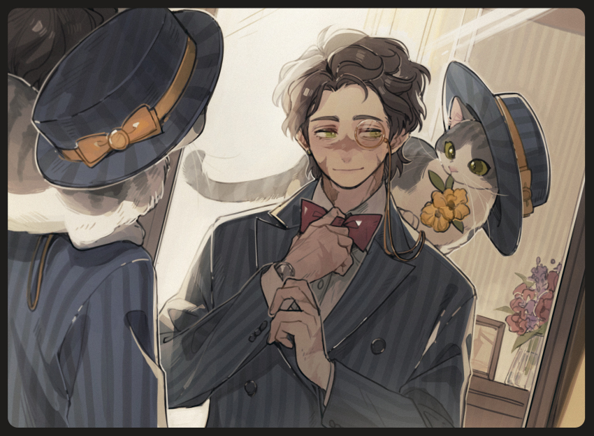 1boy, adapted_costume, alternate_color, animal, animal_on_shoulder, bow, bowtie, brown_hair