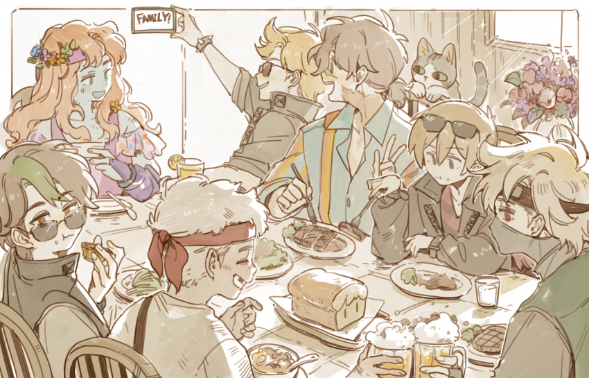 1girl, 6+boys, alcohol, alternate_costume, animal, bad_boys_(limited_life_smp), bdoubleo100, bdoubleo100_(boomer)