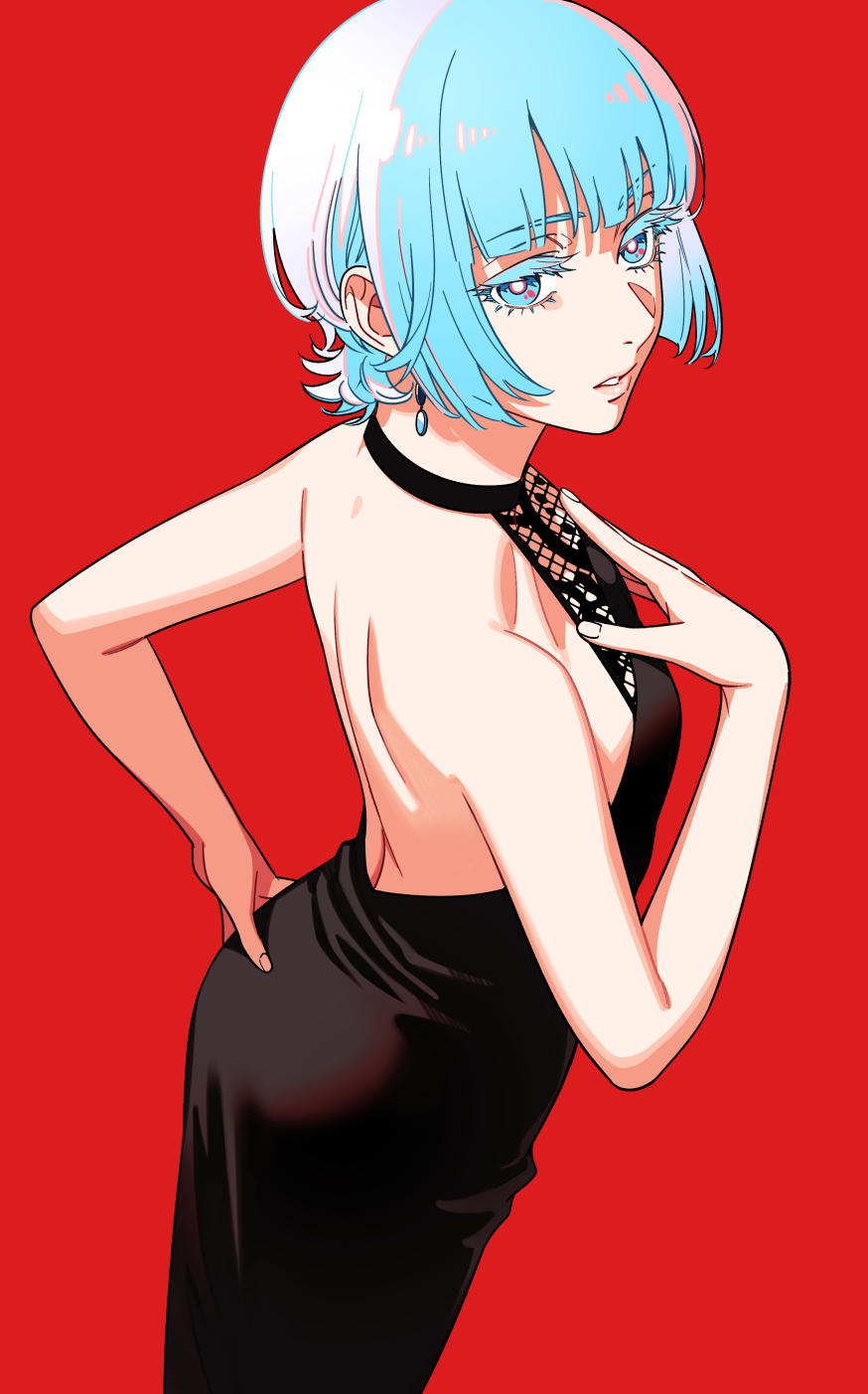 1girl, akakokko_(niro_azarashi), akane-banashi, black_dress, blue_eyes, blue_hair, breasts, dress, earrings, hand_on_own_hip, hand_up, highres, jewelry, koragi_hikaru, light_blue_hair, looking_at_viewer, red_background, short_hair, small_breasts, solo, standing