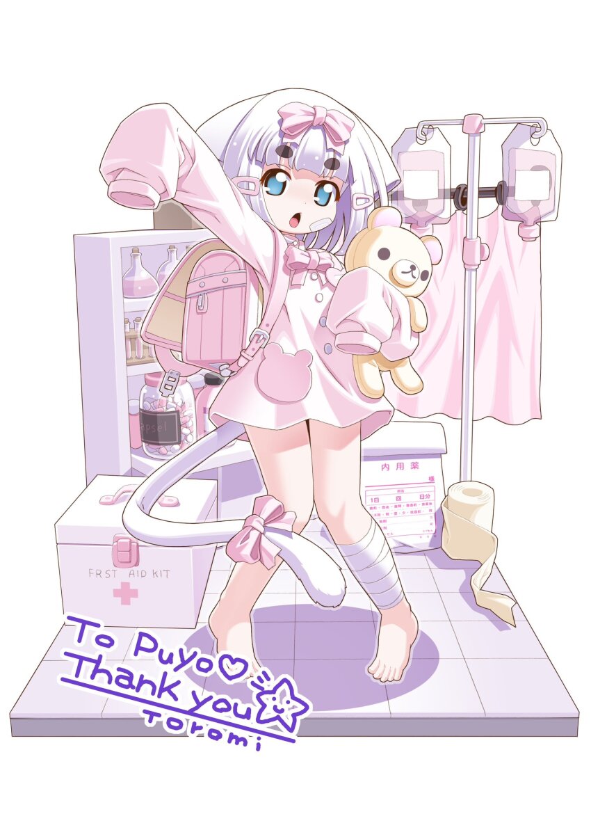 1girl, :o, animal_ears, arm_up, artist_name, backpack, bag, bandaged_leg, bandages, bandaid, bandaid_on_cheek, bandaid_on_face, barefoot, blue_eyes, blunt_bangs, borrowed_character, bow, bowtie, brown_hair, cat_ears, cat_girl, cat_tail, child, commentary_request, commission, commissioner_name, dot_nose, dress, ears_down, feet, first_aid_kit, full_body, hair_bow, hair_ornament, hairclip, highres, holding, holding_stuffed_toy, intravenous_drip, long_sleeves, looking_at_viewer, mismatched_eyebrows, name_tag, open_mouth, original, pink_bag, pink_bow, pink_bowtie, pink_dress, randoseru, short_hair, simple_background, skeb_commission, sleeves_past_fingers, sleeves_past_wrists, solo, standing, stuffed_animal, stuffed_toy, tail, tail_bow, tail_ornament, teddy_bear, thank_you, thick_eyebrows, toromi_(toromix2), white_background