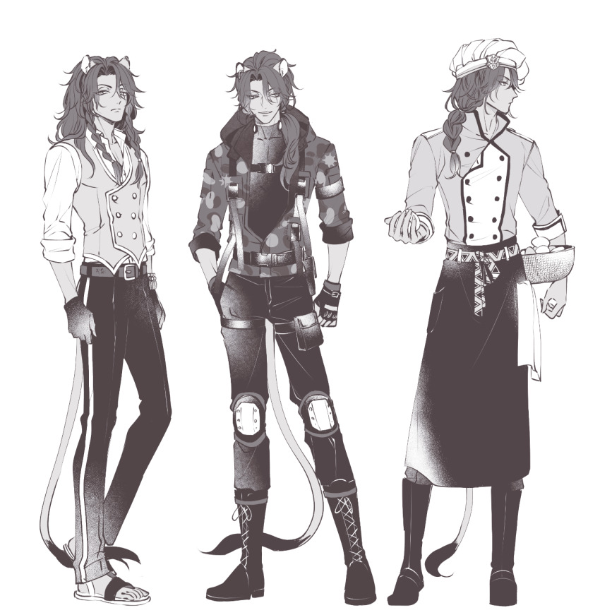1boy, animal_ears, apron, beanfest_(twisted_wonderland), boots, chef, commentary_request, full_body, greyscale, highres, jacket, leona_kingscholar, lion_boy, lion_ears, lion_tail, long_hair, male_focus, monochrome, multiple_views, night_raven_college_school_uniform, redrabbit44, school_uniform, simple_background, tail, twisted_wonderland, waist_apron, white_background
