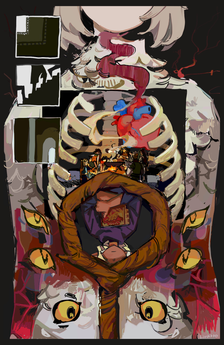 3girls, 5boys, ambrosia_(dungeon_meshi), anatomy, armor, black_border, blonde_hair, book, border, brown_hair, chibi, chilchuck_tims, cooking, cooking_pot, dark-skinned_male, dark_skin, dungeon_meshi, elf, falin_touden, falin_touden_(chimera), feathers, fire, heart_(organ), highres, holding, holding_book, izutsumi, kabru, laios_touden, linktoo_doodles, marcille_donato, medium_hair, multiple_boys, multiple_girls, pointy_ears, ribcage, skeleton, smoke, spine, thistle_(dungeon_meshi), upside-down, winged_lion_(dungeon_meshi)