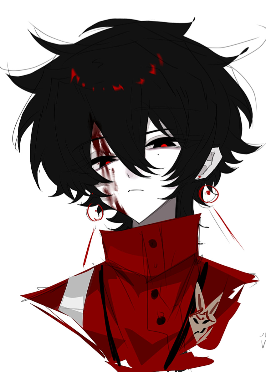 1boy, black_eyes, black_hair, blood, blood_on_face, chinese_commentary, closed_mouth, colored_skin, commentary_request, cropped_shoulders, du_kks, earrings, frown, hair_between_eyes, high_collar, highres, jacket, jewelry, li_yuting_(male), male_focus, mole, mole_under_each_eye, mole_under_eye, multiple_moles, red_jacket, red_pupils, short_hair, simple_background, solo, touqi_guaitan, white_background, white_skin