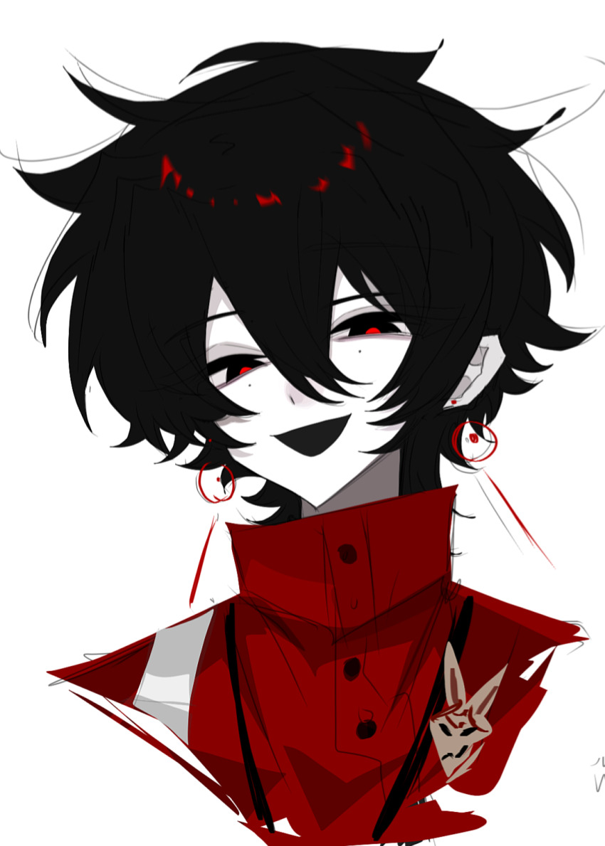 1boy, black_eyes, black_hair, chinese_commentary, colored_skin, commentary_request, cropped_shoulders, du_kks