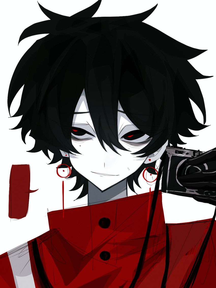 1boy, black_eyes, black_gloves, black_hair, blank_speech_bubble, camera, chinese_commentary, closed_mouth, commentary_request, du_kks, earrings, gloves, hair_between_eyes, high_collar, highres, holding, holding_camera, jacket, jewelry, li_yuting_(male), male_focus, mole, mole_under_each_eye, mole_under_eye, multiple_moles, portrait, red_jacket, red_pupils, short_hair, simple_background, smile, solo, speech_bubble, sweat, touqi_guaitan, white_background