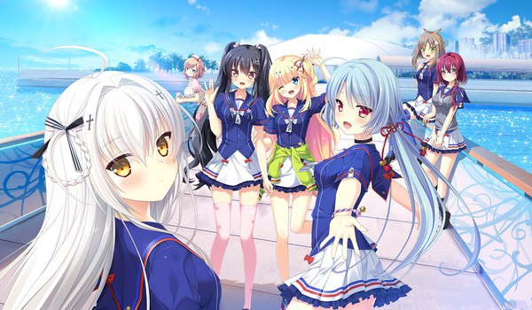 6+girls, abe_kurumi, blue_jacket, blue_sky, blush, breasts, deatte_5-fun_wa_ore_no_mono!, female_focus