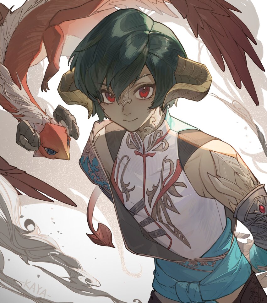 1boy, arms_behind_back, au_ra, azdaja_(ff14), blue_eyes, blue_sash, brother_and_sister, collared_shirt