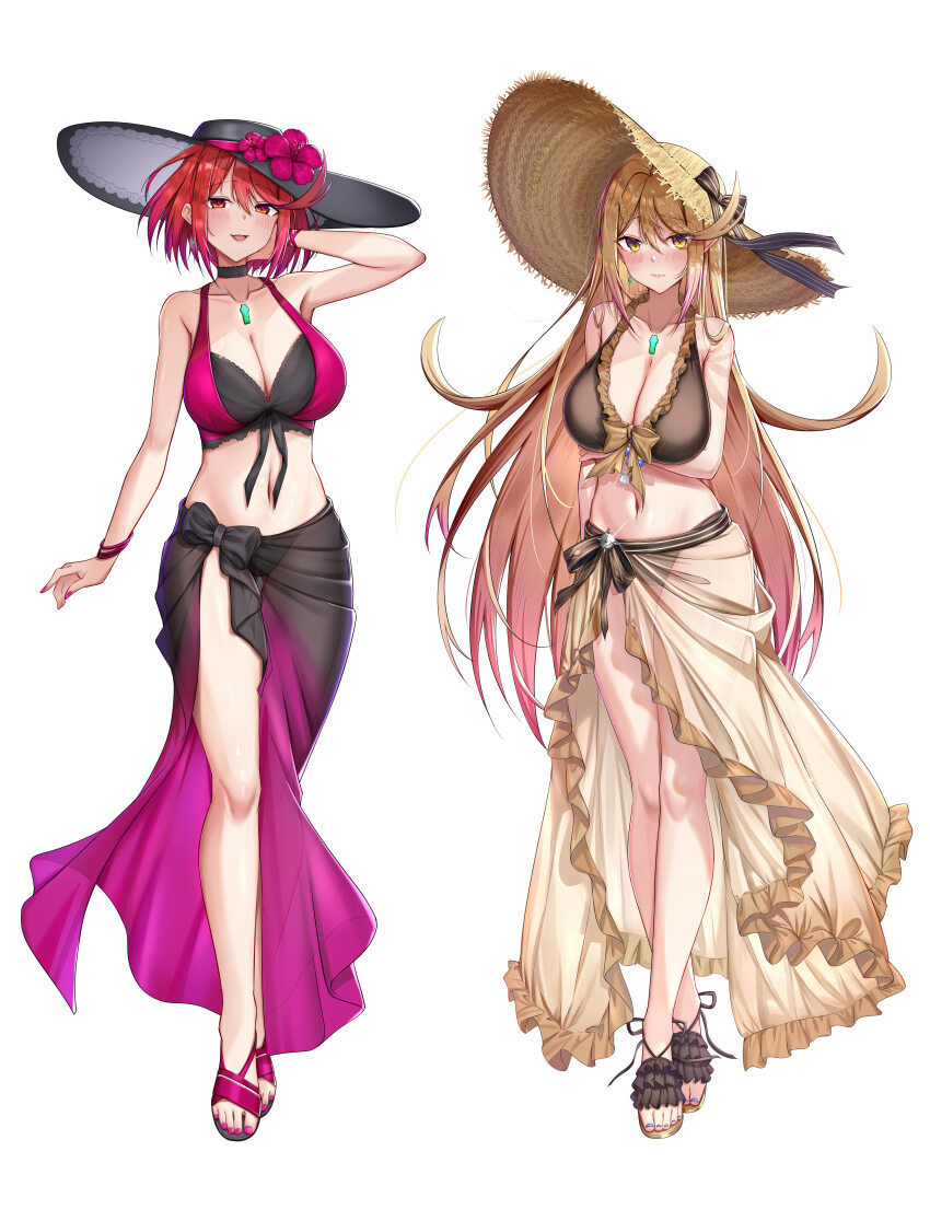 2girls, absurdres, adjusting_hair, alternate_costume, arm_under_breasts, backon, bikini, black_bikini, black_choker, black_hat, blonde_hair, blush, bow, bracelet, breasts, brown_bikini, brown_footwear, choker, cleavage, closed_mouth, collarbone, commentary, commission, cosplay, dorothea_arnault, dorothea_arnault_(cosplay), dorothea_arnault_(summer), fire_emblem, fire_emblem:_three_houses, fire_emblem_heroes, flower, frilled_bikini, frilled_choker, frilled_footwear, frilled_sarong, frills, full_body, gradient_sarong, hat, hat_bow, hat_flower, high_heel_sandals, high_heels, highres, jewelry, large_breasts, long_hair, looking_at_viewer, mercedes_von_martritz, mercedes_von_martritz_(cosplay), mercedes_von_martritz_(summer), multicolored_bikini, multiple_girls, mythra_(xenoblade), nail_polish, navel, nintendo, open_mouth, pixiv_commission, pyra_(xenoblade), red_bikini, red_eyes, red_footwear, red_hair, sandals, sarong, short_hair, simple_background, smile, standing, stomach, sun_hat, swimsuit, toenail_polish, toenails, two-tone_bikini, white_background, xenoblade_chronicles_(series), xenoblade_chronicles_2, yellow_eyes