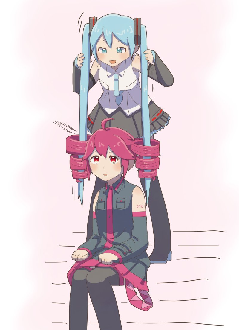 2girls, :d, ahoge, aqua_eyes, aqua_hair, aqua_necktie, aqua_trim, bare_shoulders, black_footwear, black_shirt, black_skirt, black_sleeves, black_thighhighs, blush, boots, breast_pocket, clenched_hands, collared_shirt, detached_sleeves, drill_hair, hair_ornament, hatsune_miku, holding, holding_own_hair, kasane_teto, kasane_teto_(utau), leaning_forward, long_hair, long_sleeves, looking_at_another, matsu_shimatsuki, multiple_girls, necktie, number_tattoo, open_mouth, pleated_skirt, pocket, red_eyes, red_hair, red_necktie, red_trim, shirt, short_hair, shoulder_tattoo, simple_background, sitting, skirt, sleeveless, sleeveless_shirt, smile, standing, tattoo, thigh_boots, thighhighs, twin_drills, twintails, utau, vocaloid, white_background, white_shirt