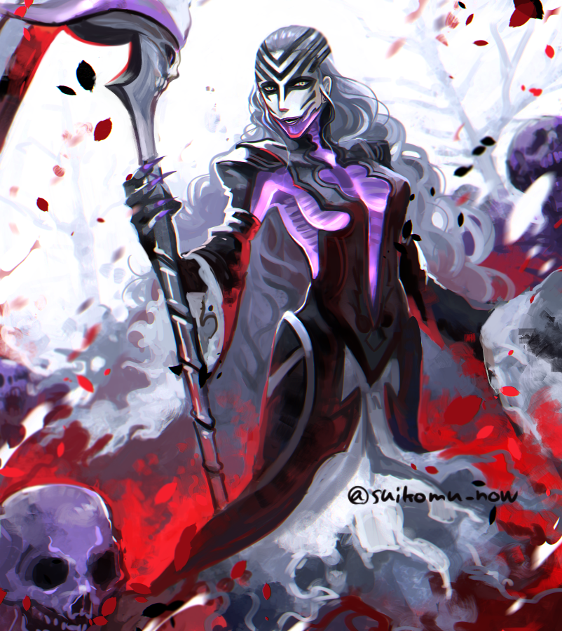 1girl, armor, black_dress, bone, dress, facial_mark, fire_emblem, fire_emblem_heroes