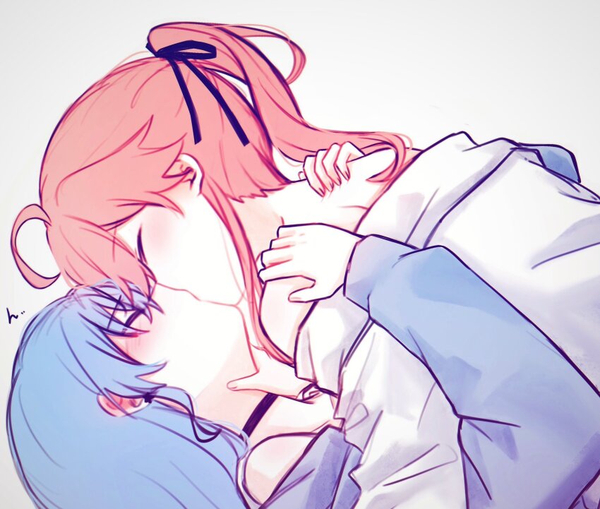 2girls, black_choker, blue_hair, blue_shirt, blush, choker, closed_eyes, commentary, gradient_background, grey_background, hand_on_another's_neck, hands_on_another's_shoulders, highres, hololive, hoshimachi_suisei, kiss, long_hair, multiple_girls, off_shoulder, pink_hair, sakura_miko, shirt, virtual_youtuber, white_shirt, yumi5469, yuri