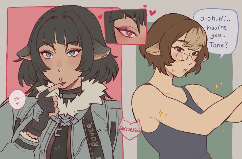 2girls, animal_ears, black_gloves, black_hair, black_tank_top, blue_eyes, body_freckles, brown_eyes, brown_hair, commentary, ear_piercing, english_commentary, english_text, fingerless_gloves, freckles, glasses, gloves, grey_jacket, heart, heart-shaped_pupils, highres, jacket, jane_doe_(zenless_zone_zero), long_hair, long_sleeves, looking_at_another, malevolent_lxix, mouse_ears, multicolored_hair, multiple_girls, parted_lips, piercing, pink_eyes, red_nails, short_hair, sparkle, speech_bubble, streaked_hair, sweatdrop, symbol-shaped_pupils, tank_top, tomiya_(zenless_zone_zero), yuri, zenless_zone_zero