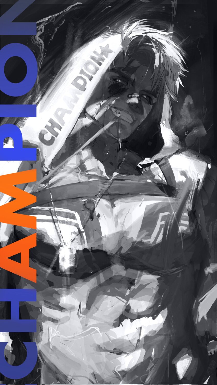 1boy, abs, alsonotdon, alternate_costume, bandaid, bandaid_on_face, bandaid_on_nose, belt