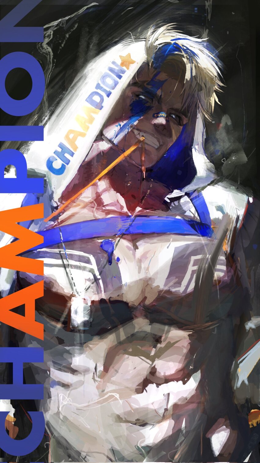 1boy, abs, alsonotdon, alternate_costume, bandaid, bandaid_on_face, bandaid_on_nose, belt