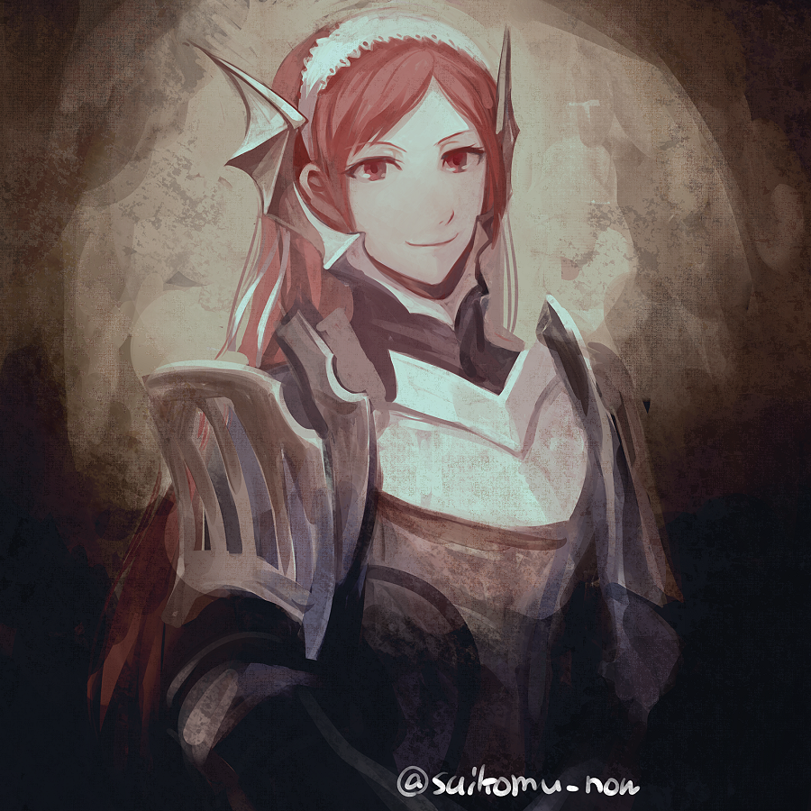 1girl, armor, cherche_(fire_emblem), closed_mouth, fire_emblem, fire_emblem_awakening, grey_background, long_face