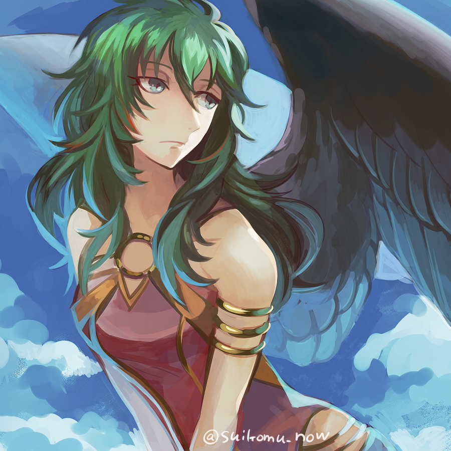 1girl, armlet, bird_girl, bird_wings, black_hair, blue_eyes, breasts, cleavage
