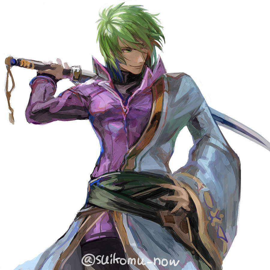 1boy, arm_out_of_sleeve, dou, fire_emblem, fire_emblem:_path_of_radiance, green_eyes, green_hair, holding