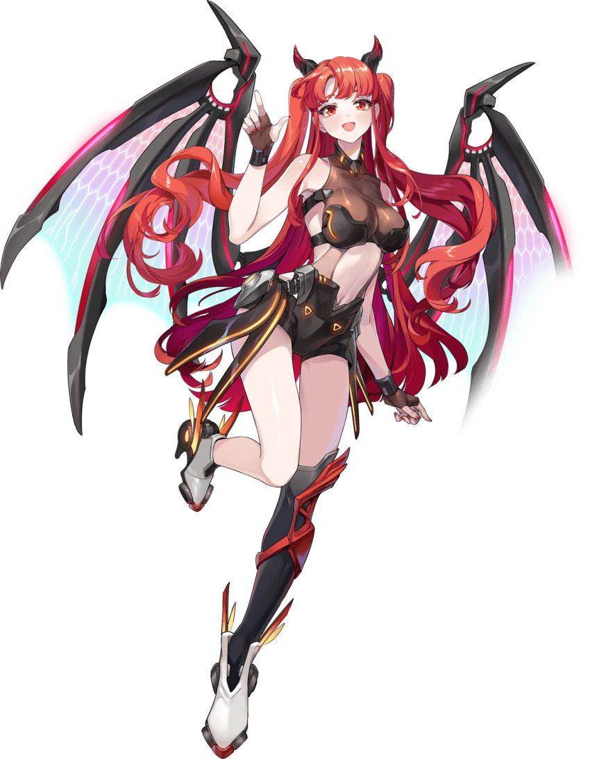 1girl, artificial_wings, artist_request, asymmetrical_legwear, boots, breasts, dragon_girl, full_body