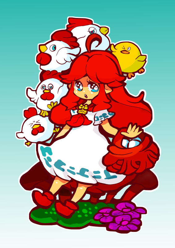 ahoge, basket, bird, blue_eyes, brown_hair, chicken, flower, kenopi, long_hair, malon, nintendo, pointy_ears, red_hair, solo, the_legend_of_zelda, the_legend_of_zelda:_ocarina_of_time