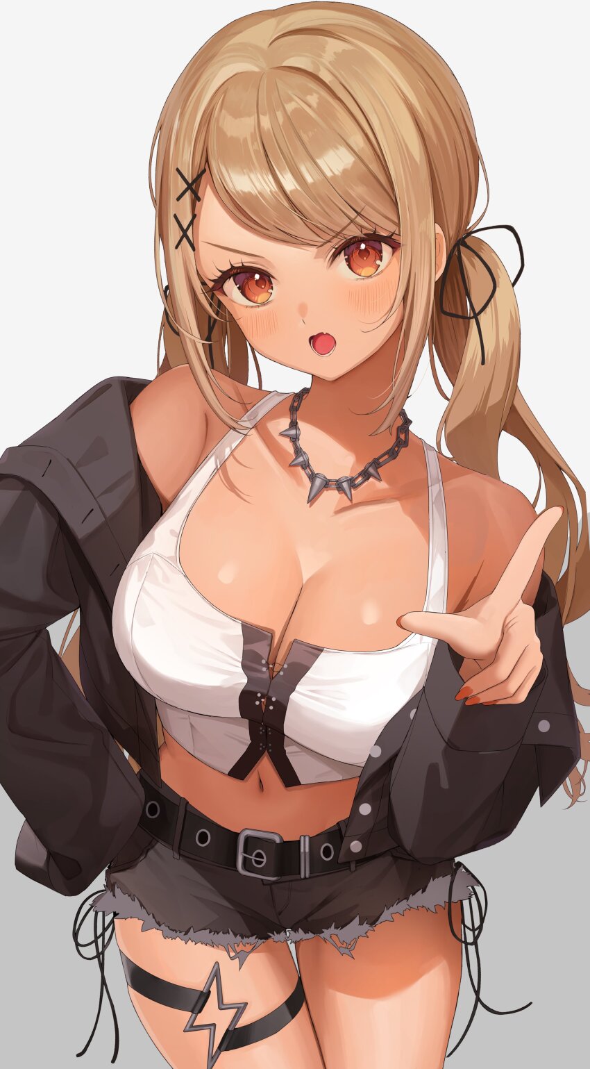 0707_una, 1girl, :o, absurdres, black_jacket, black_shorts, blonde_hair, blush