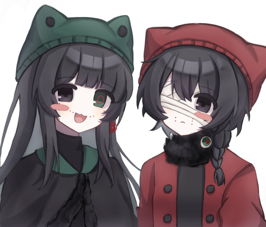 2girls, :3, animal_ear_headwear, bandage_over_one_eye, black_capelet, black_eyes, black_hair, black_shirt