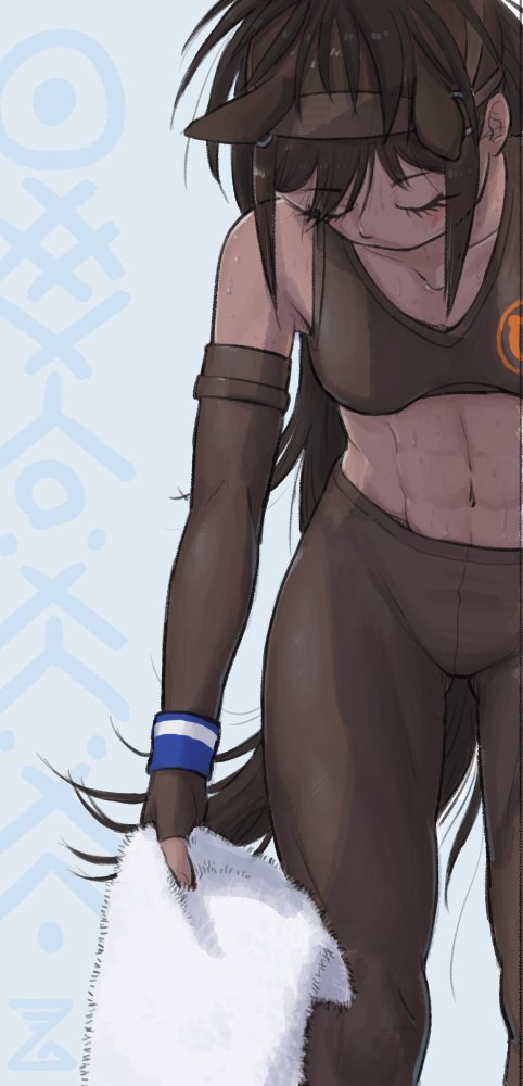 1girl, abs, animal_ears, bare_shoulders, blush, brown_gloves, brown_hair, brown_leggings, brown_sports_bra, brown_thoroughbred_(kemono_friends), closed_eyes, cowboy_shot, dark-skinned_female, dark_skin, elbow_gloves, fingerless_gloves, gloves, hair_between_eyes, headgear, horse_ears, horse_girl, horse_tail, imnim_leef, kemono_friends, leggings, midriff, navel, short_hair, sidelocks, sleeveless, solo, sports_bra, sportswear, sweatband, tail, toned, toned_female, towel