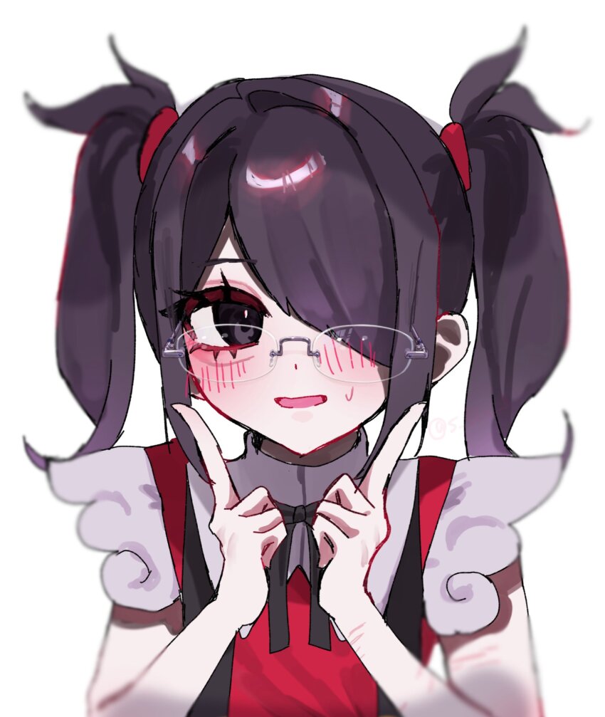 1girl, ame-chan_(needy_girl_overdose), black_eyes, black_hair, black_ribbon, blush, commentary, hair_over_one_eye, highres, index_finger_raised, medium_hair, neck_ribbon, needy_girl_overdose, open_mouth, osakana_tarou_(sakana0_03), ribbon, sidelocks, simple_background, solo, sweatdrop, untranslatable_commentary, twintails, upper_body, white_background