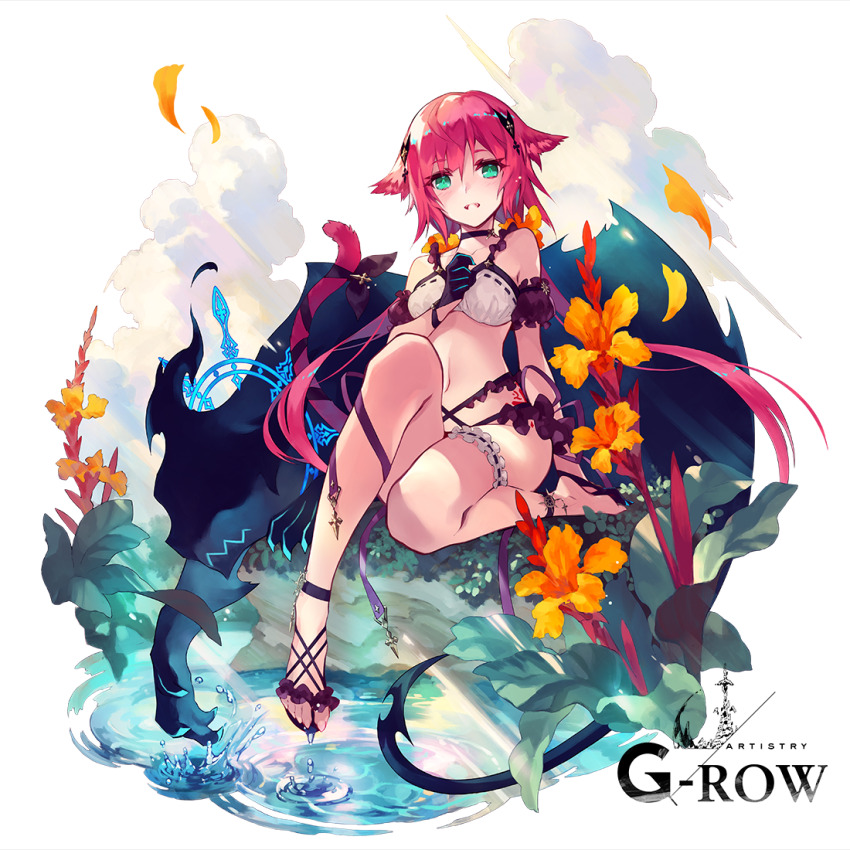 1girl, 1other, animal_ears, bikini, black_choker, black_gloves, choker, cloud, da-kuro, flower, full_body, gloves, green_eyes, hair_ornament, hand_on_own_chest, long_hair, looking_at_viewer, no_shoes, no_socks, official_art, on_ground, petals, pink_hair, sandals, sitting, swimsuit, ta_ga_tame_no_alchemist, tail, white_background, white_bikini, yellow_flower, zwei_(ta_ga_tame_no_alchemist)