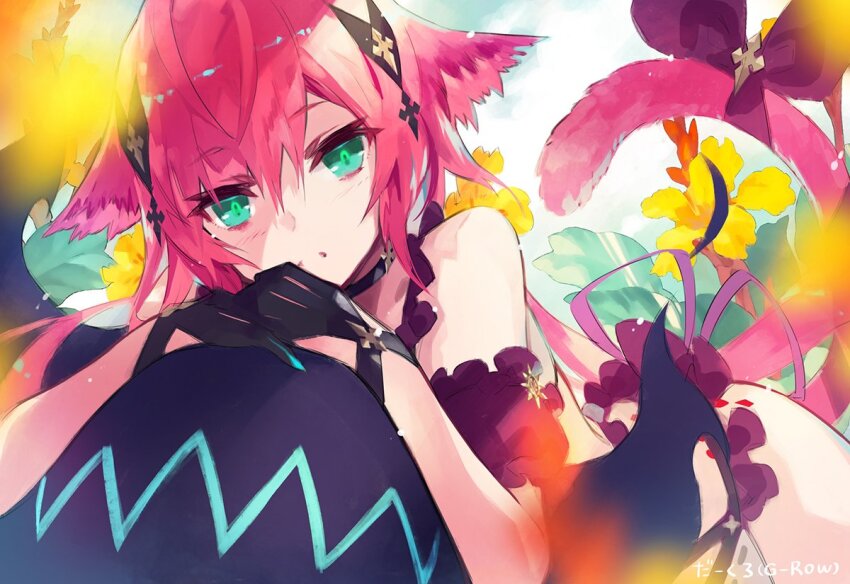 1girl, :o, animal_ears, artist_name, bare_shoulders, black_gloves, cloud, flower