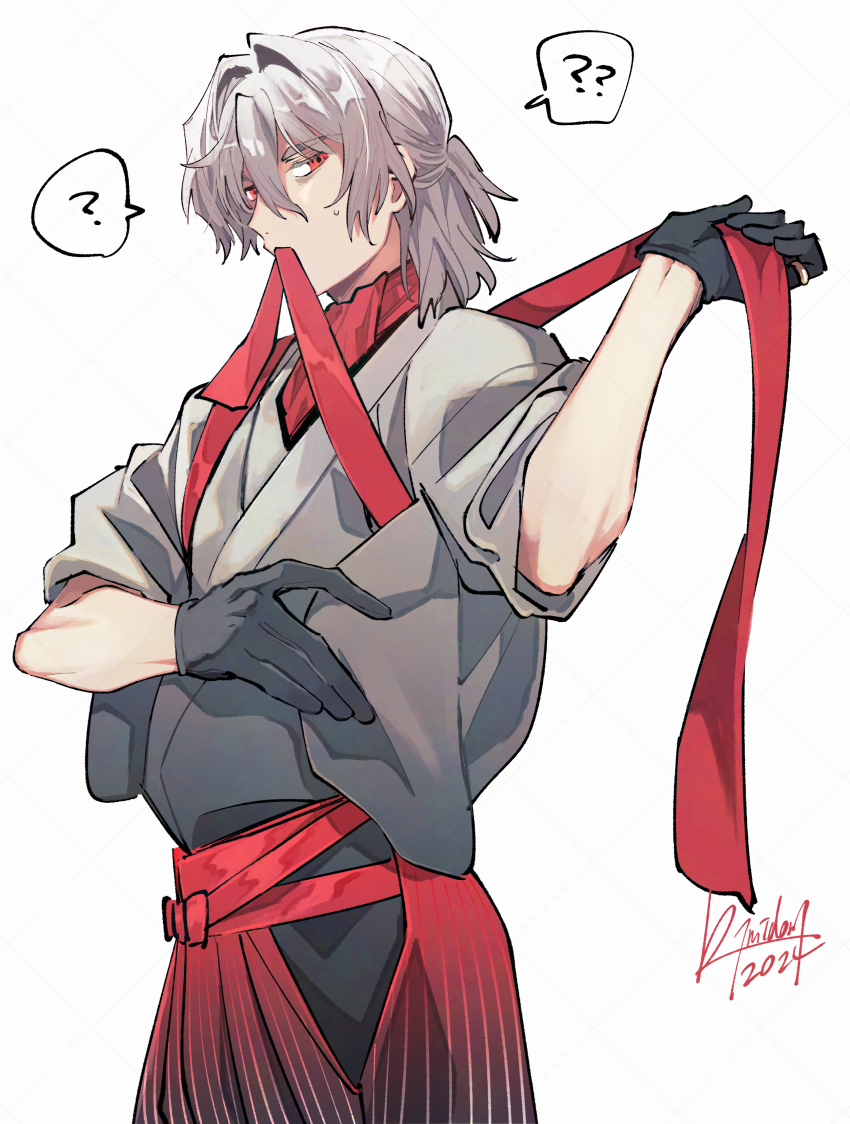 1boy, ?, ??, absurdres, antonio_salieri_(fate), antonio_salieri_(kyomaf_2024)_(fate), antonio_salieri_(second_ascension)_(fate), artist_name, ascot, bags_under_eyes, black_gloves, black_hakama, commentary_request, cowboy_shot, fate/grand_order, fate_(series), gloves, gradient_clothes, gradient_hakama, gradient_kimono, grey_hair, grey_kimono, hair_between_eyes, hair_intakes, hakama, half_updo, highres, japanese_clothes, jewelry, kimidorix32, kimono, looking_at_viewer, looking_to_the_side, male_focus, mouth_hold, official_alternate_costume, red_ascot, red_eyes, red_hakama, red_ribbon, ribbon, ring, short_hair, sideways_glance, signature, simple_background, sleeves_rolled_up, solo, spoken_question_mark, sweat, tasuki, tying, white_background