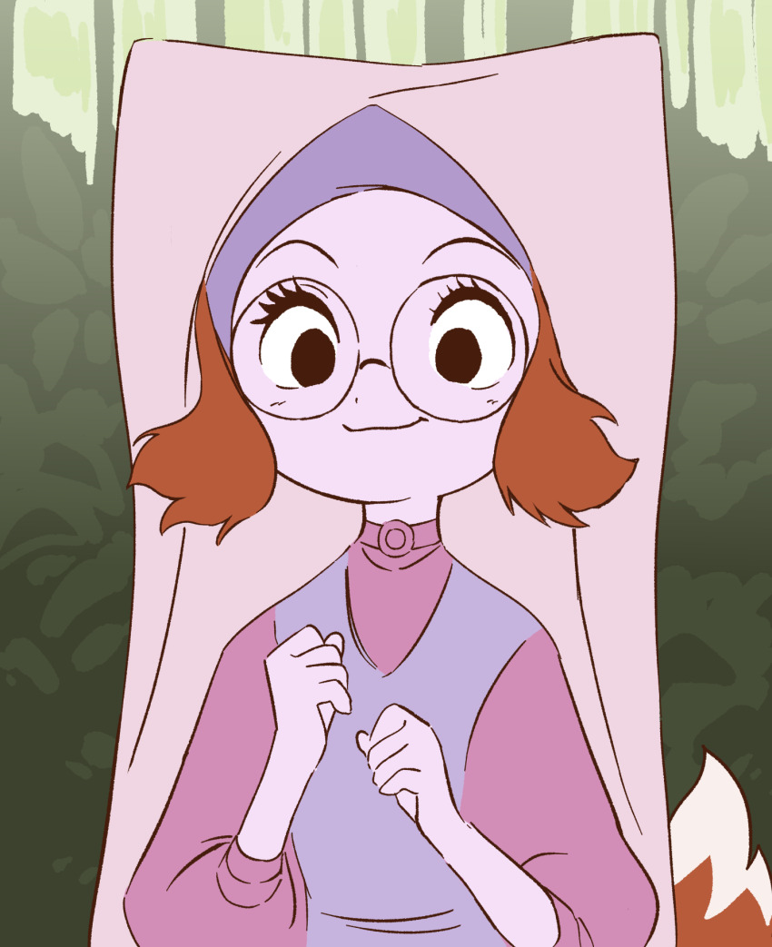 1girl, animal_ear_hood, animal_ears, black_eyes, brooch, brown_hair, bush, fake_animal_ears, forest, fox_girl, fox_tail, glasses, hands_up, highres, hood, humanization, jewelry, long_sleeves, maid_marian_(disney), nature, orenjipiiru, outdoors, pink_veil, robin_hood_(disney_movie), round_eyewear, smile, solo, standing, tail, upper_body, veil