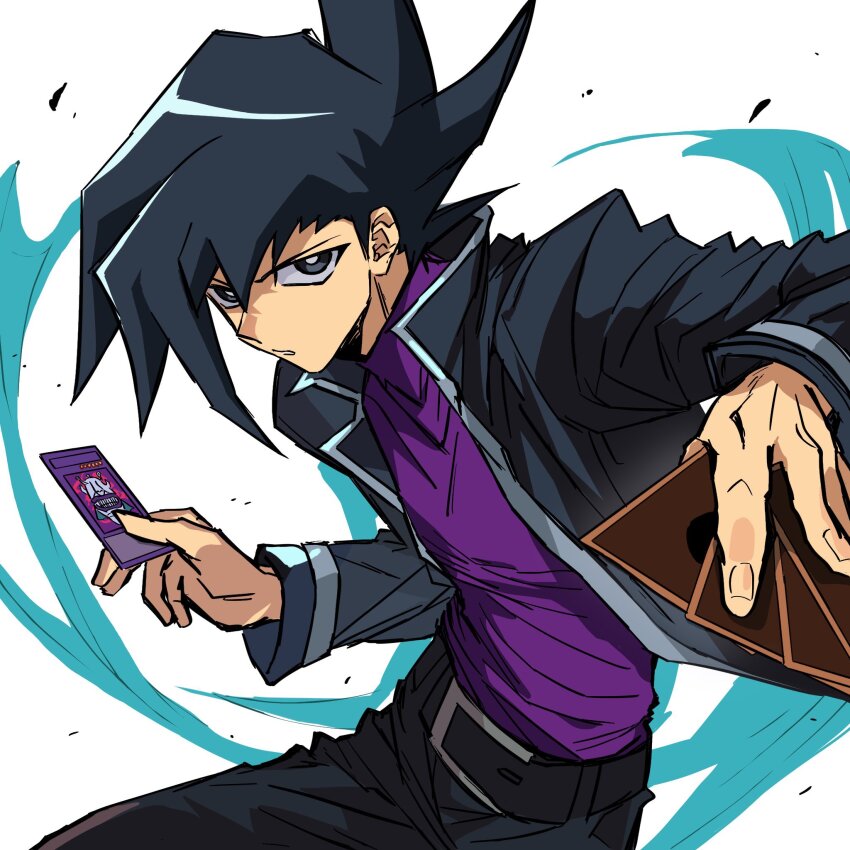 1boy, belt, black_belt, black_eyes, black_hair, black_jacket, black_pants, card, closed_mouth, flowercrabcake, hair_between_eyes, highres, holding, holding_card, jacket, long_sleeves, looking_at_viewer, male_focus, manjoume_jun, ojama_king, pants, purple_shirt, shirt, solo, yu-gi-oh!, yu-gi-oh!_gx