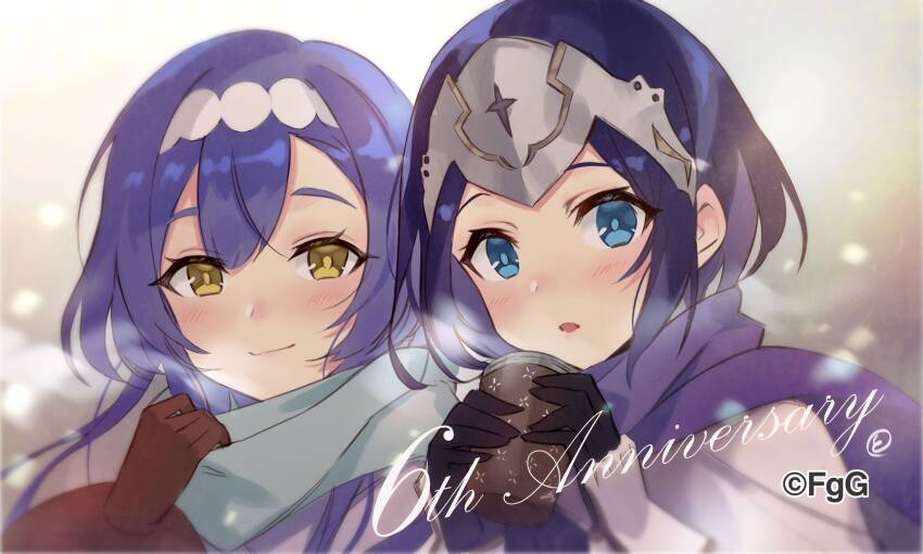 2girls, :o, aqua_eyes, aqua_scarf, black_gloves, blue_hair, blue_scarf, blush, brown_gloves, closed_mouth, forehead_protector, gloves, highres, kalmia_(ta_ga_tame_no_alchemist), looking_at_viewer, multiple_girls, official_art, open_mouth, priscilla_(ta_ga_tame_no_alchemist), scarf, signature, simple_background, smile, ta_ga_tame_no_alchemist, to_maru, winter, yellow_eyes