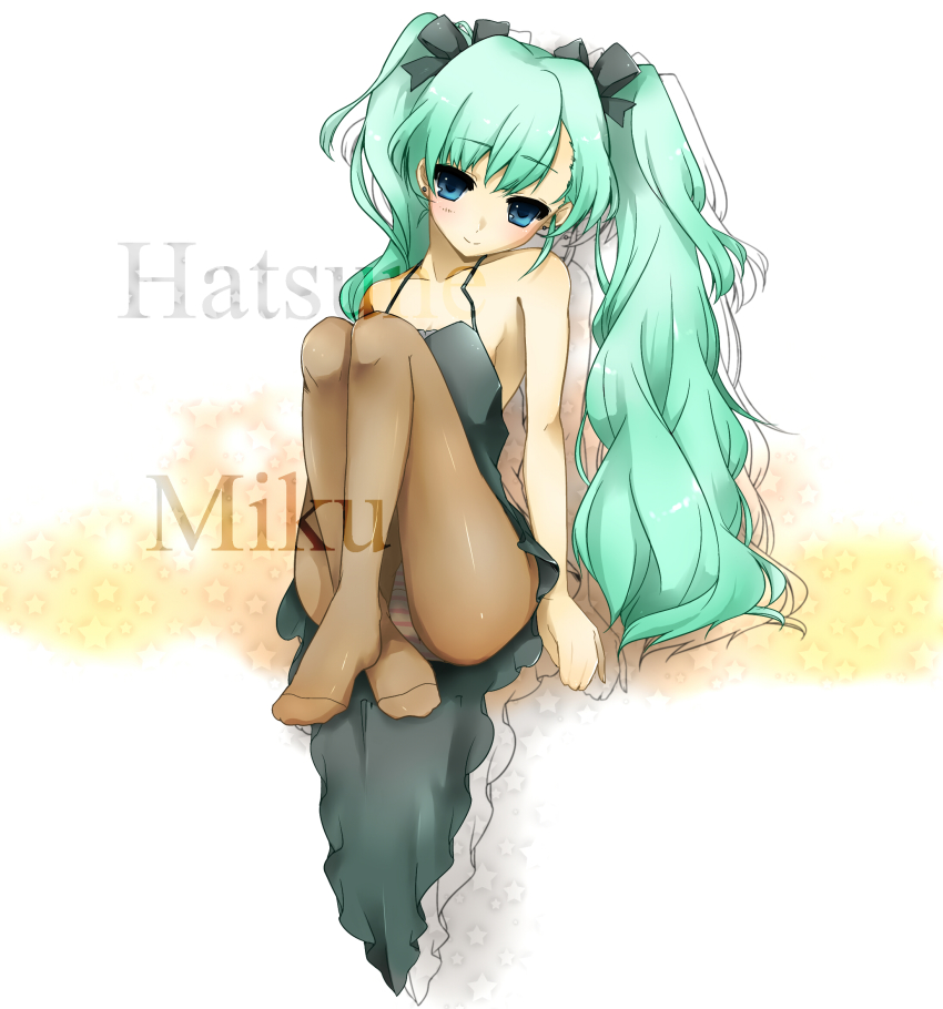 1girl, aqua_hair, bare_shoulders, blue_eyes, blush, colorized, feet, female_focus