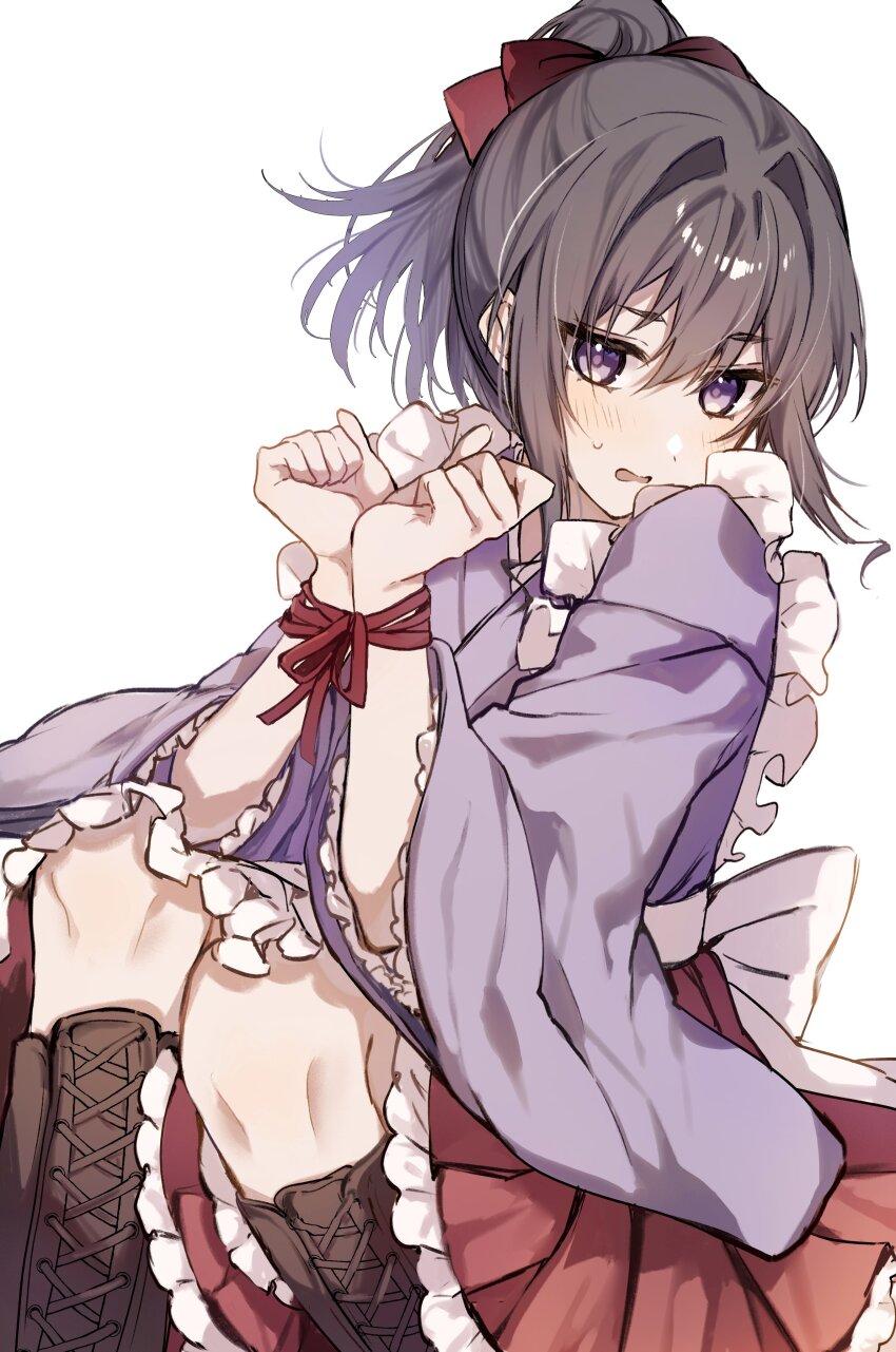 1boy, absurdres, androgynous, apron, back_bow, black_hair, blush, boots