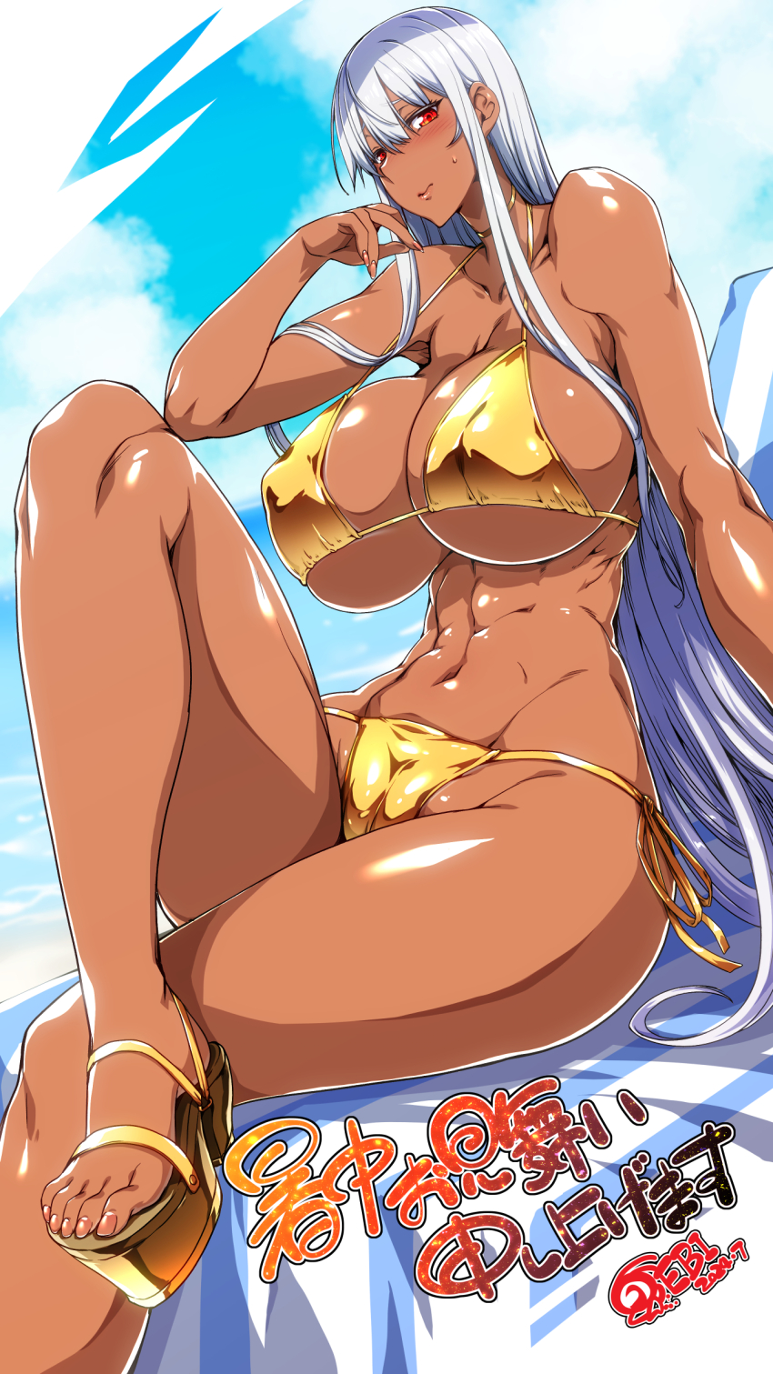 1girl, abs, absurdres, armpit_crease, beach, bikini, blue_sky, blush