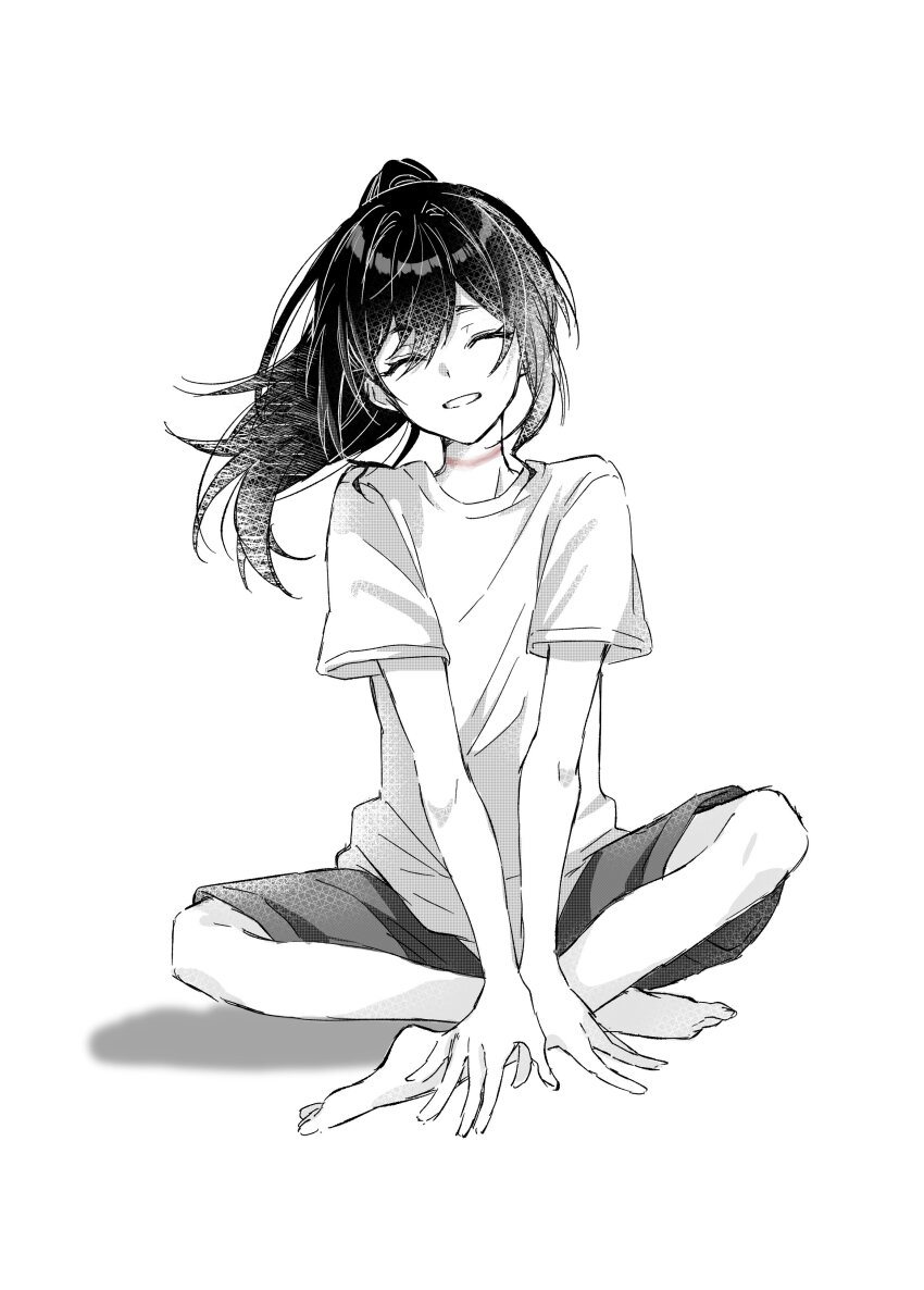 1boy, absurdres, androgynous, barefoot, black_hair, butterfly_sitting, closed_eyes, contemporary, crosshatching, facing_viewer, floating_hair, full_body, grin, hair_between_eyes, hair_intakes, hands_on_ground, hatching_(texture), head_tilt, high_ponytail, highres, houjou_tokiyuki_(nige_jouzu_no_wakagimi), long_hair, male_focus, neck_injury, nige_jouzu_no_wakagimi, open_mouth, ponytail, raised_eyebrows, shadow, shirt, short_sleeves, shorts, sidelocks, simple_background, sitting, smile, solo, spot_color, suiu_r3, t-shirt, white_background
