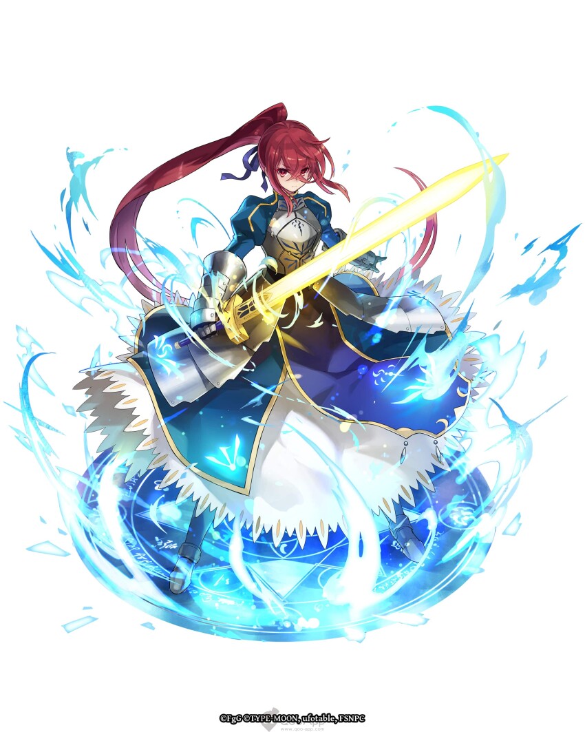 1girl, absurdres, armor, artoria_pendragon_(fate), blue_dress, blue_ribbon, cosplay, crossed_bangs, da-kuro, dress, energy_sword, full_body, hair_between_eyes, hair_ribbon, highres, holding, holding_sword, holding_weapon, lamia_(ta_ga_tame_no_alchemist), long_hair, looking_at_viewer, magic_circle, official_alternate_costume, official_art, on_magic_circle, ponytail, red_eyes, red_hair, ribbon, saber_(fate), saber_(fate)_(cosplay), sidelocks, simple_background, solo, standing, standing_on_magic_circle, straight-on, sword, ta_ga_tame_no_alchemist, weapon, white_background