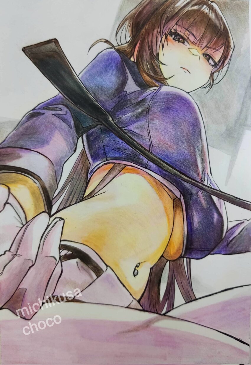 1girl, artist_name, breasts, brown_eyes, brown_hair, closed_mouth, commentary_request, crop_top