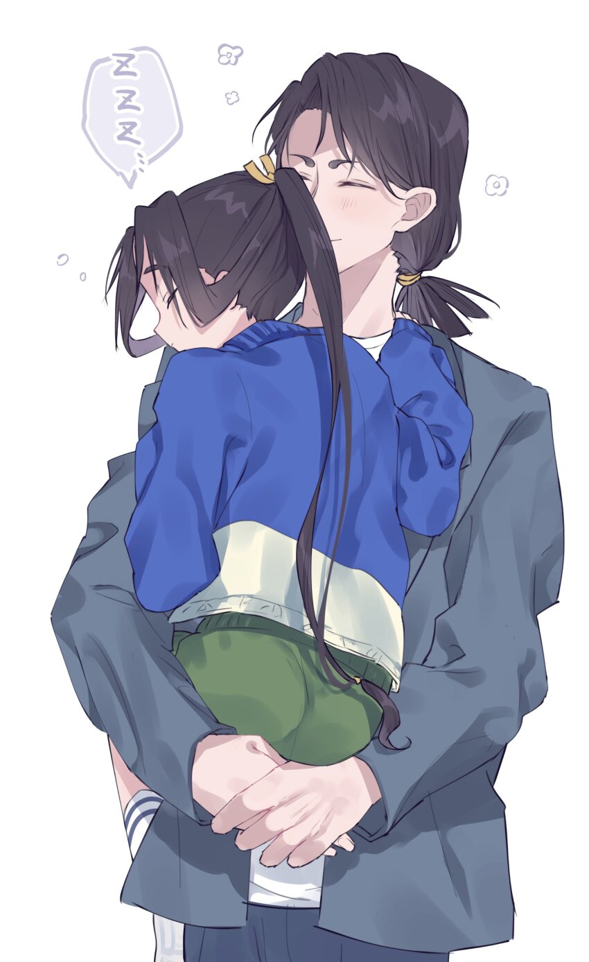 2boys, absurdres, ankle_socks, black_hair, blue_jacket, blue_pants, blunt_ends, carrying