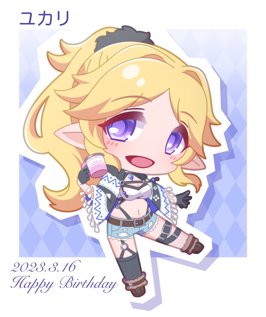 1girl, :d, absurdres, argyle_background, belt, belt_buckle, black_gloves, black_socks