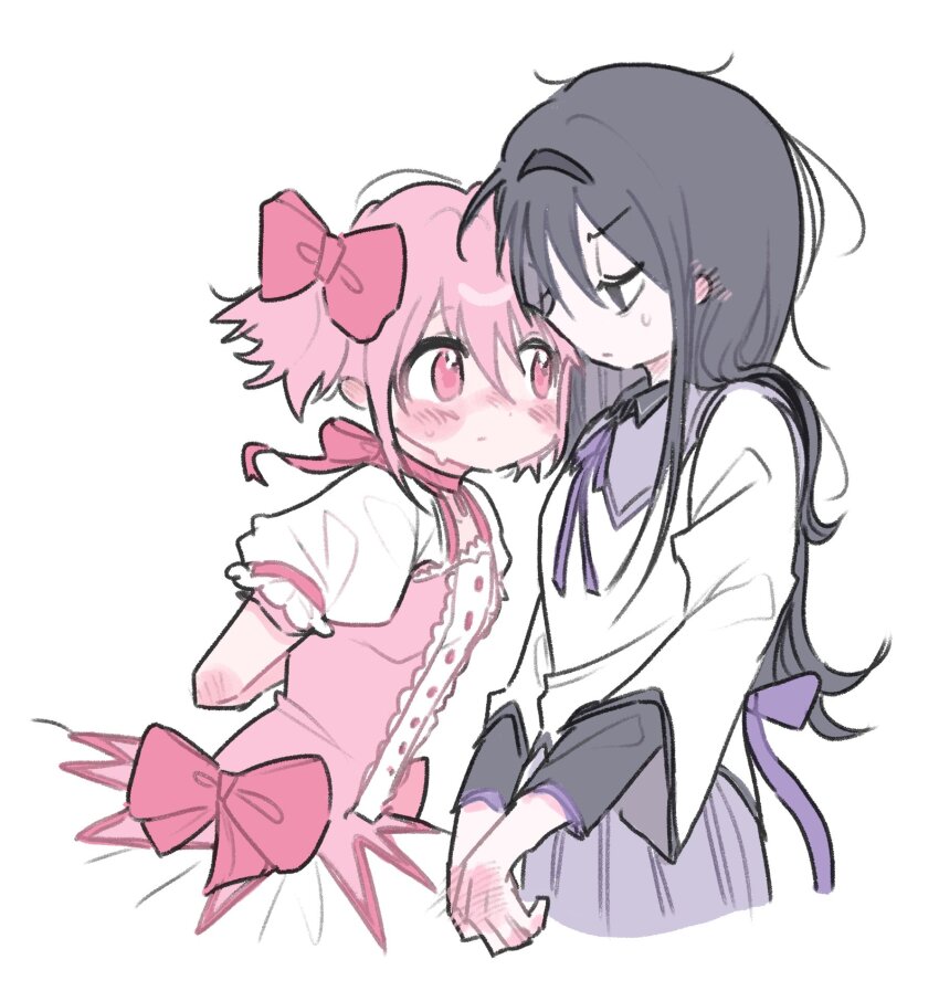 2girls, akemi_homura, akemi_homura_(magical_girl), black_eyes, black_hair, black_hairband, blush, bow