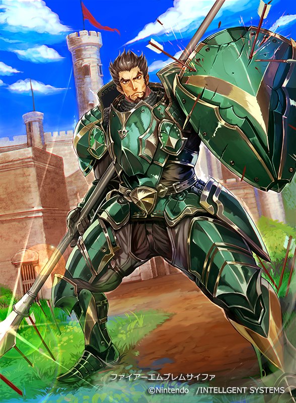 1boy, armor, arrow_(projectile), beard, black_hair, castle, cherokee_(1021tonii), commentary_request