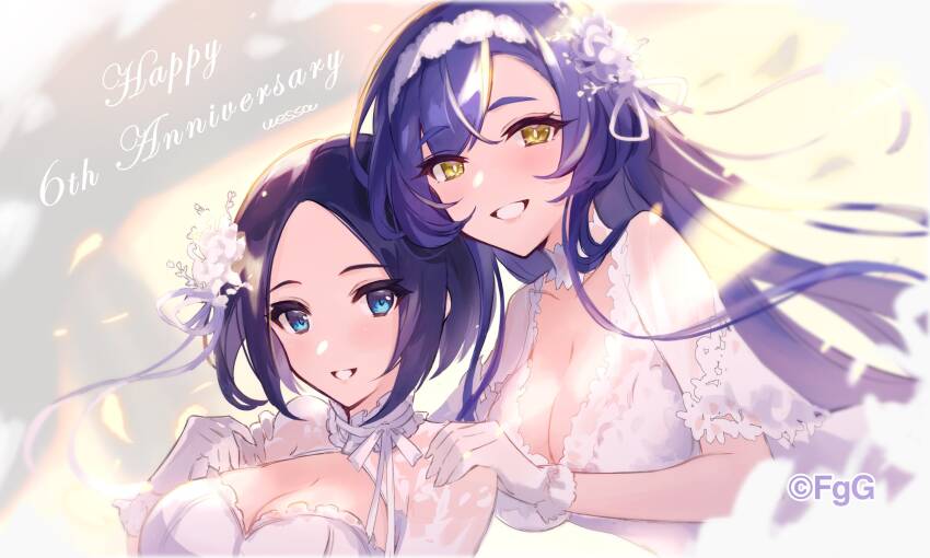 2girls, blue_eyes, blue_hair, blurry, blurry_background, breasts, cleavage, dress